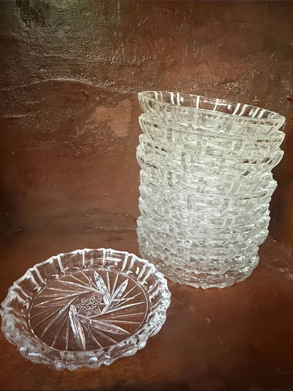 Vintage Set of 11 Bohemian glass coasters pinwheel pattern